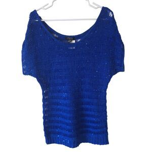 Deb Open Knit Shirt Cap Sleeve Scoop Neck Blue Sparkle Disco 90s Y2K Festival XL